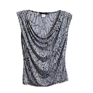 Jennie & Marlis Blouse Women SZ S Black White Print Cowl Neck Stretch Sleeveless